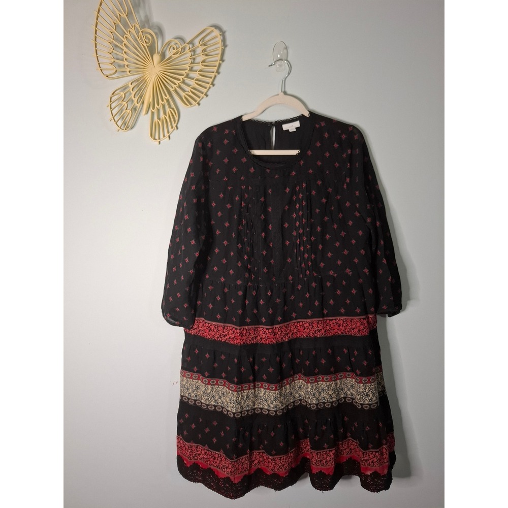 J. Jill Black Red Boho Tiered Cotton Dress Lace Trim Pintuck Large